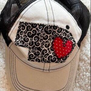 LOVE NEBRASKA PATCHWORK TRUCKERS CAP IVORY/BLACK ADJUSTABLE MESHBACK WOMEN'S HAT